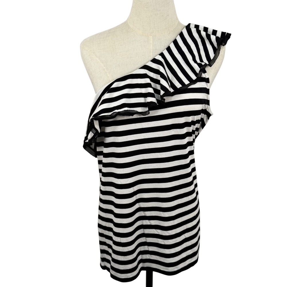 WHBM L Top Monochrome One Shoulder Ruffle‎ Stripe French Girl Parisian Nautical